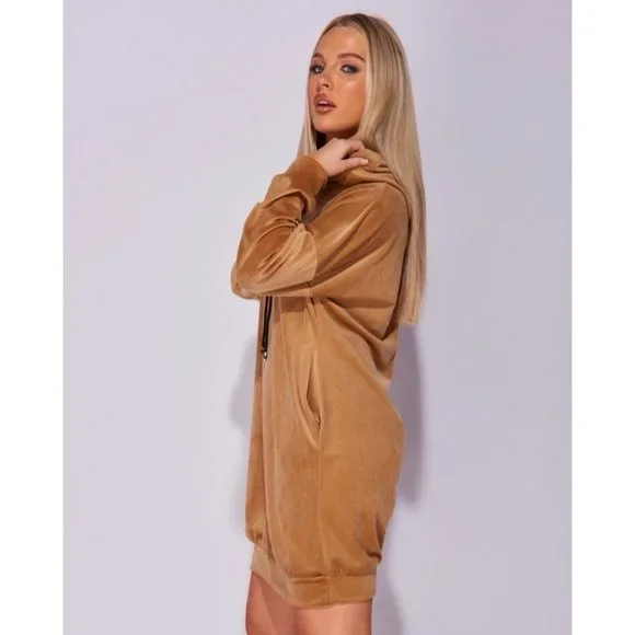 Beige Suede Long Sleeve Hooded Loose Fit Oversized Mini Dress Sweatshirt - Picture 3 of 8